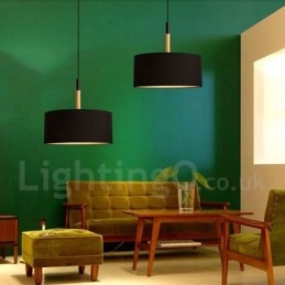 Lámpara colgante moderna y contemporánea de madera con forma de tambor y pantalla de tela