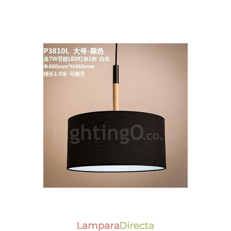 Lámpara colgante moderna y contemporánea de madera con forma de tambor y pantalla de tela