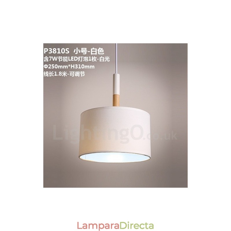 Lámpara colgante moderna y contemporánea de madera con forma de tambor y pantalla de tela