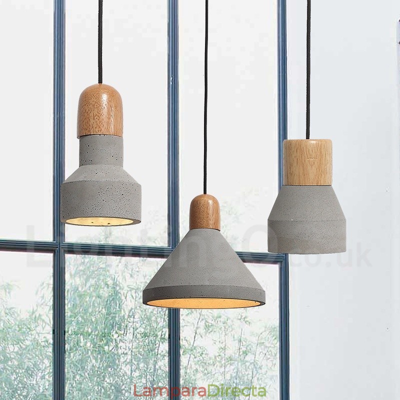 Lámpara colgante de una sola luz moderna contemporánea de madera y hormigón