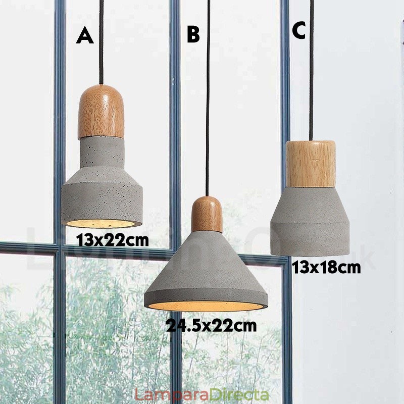 Lámpara colgante de una sola luz moderna contemporánea de madera y hormigón