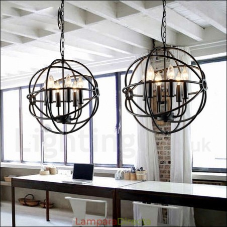Lámpara colgante vintage de metal con 6 luces y globo Lámpara colgante vintage de metal con 6 luces y globo
