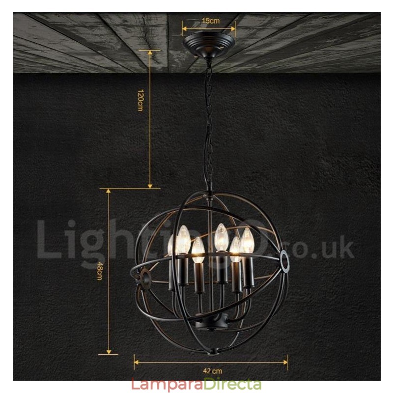 Lámpara colgante vintage de metal con 6 luces y globo