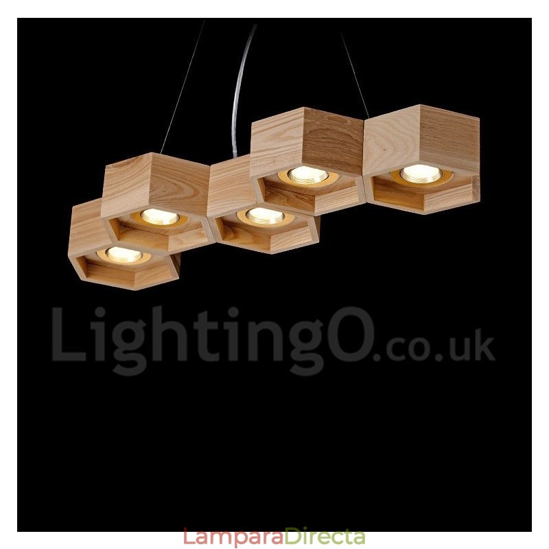 Lámpara colgante contemporánea moderna de madera de 5 luces