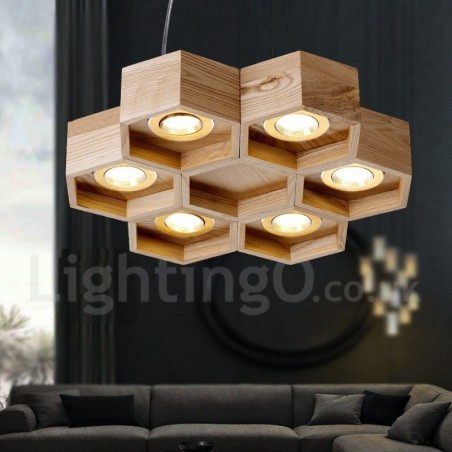 Lámpara colgante contemporánea moderna de madera de 6 luces Lámpara colgante contemporánea moderna de madera de 6 luces