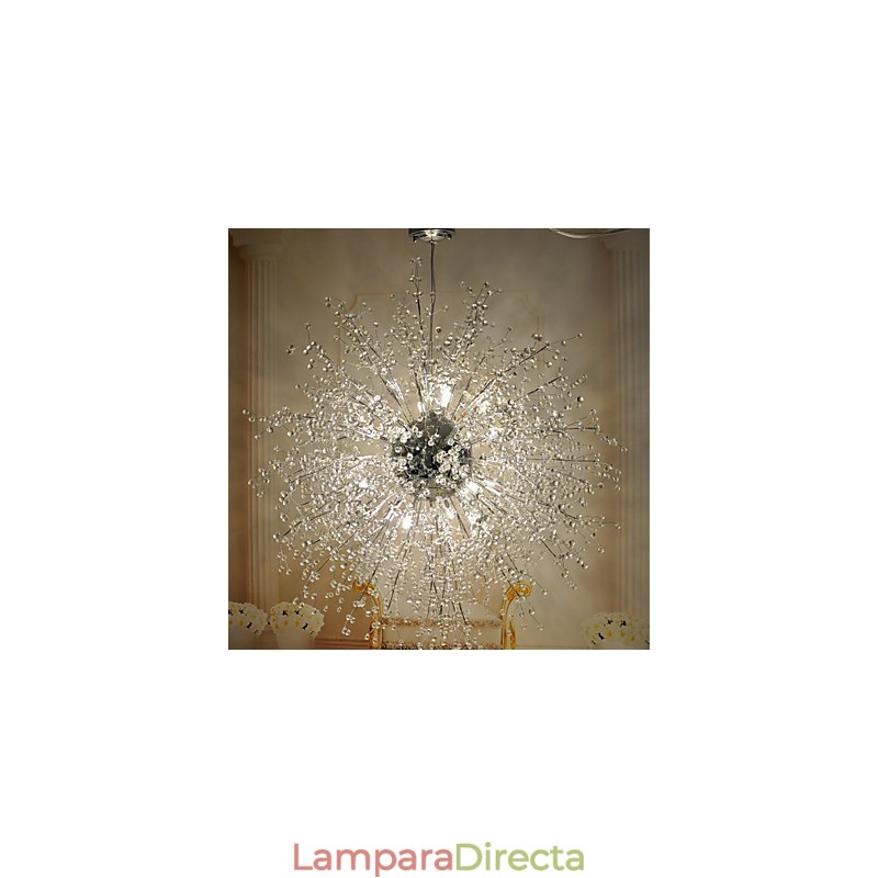 Lámpara de techo moderna con forma de globo de cristal y metal cromado.