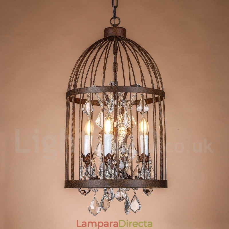 Lámpara colgante retro vintage de metal con forma de jaula de pájaros de 4 luces
