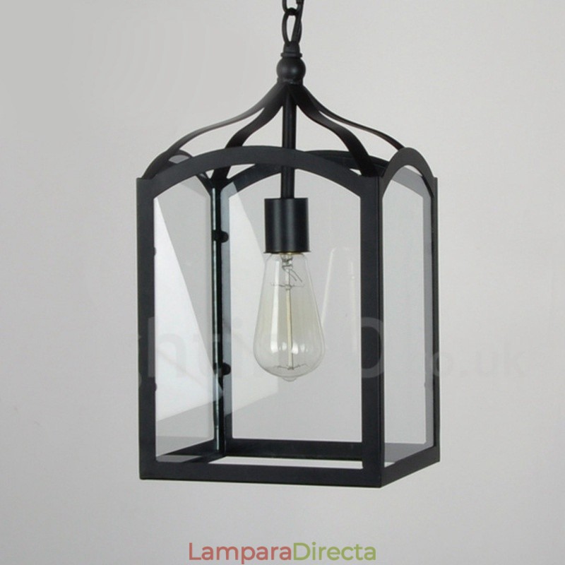 Lámpara colgante rústica de metal con pantalla de cristal