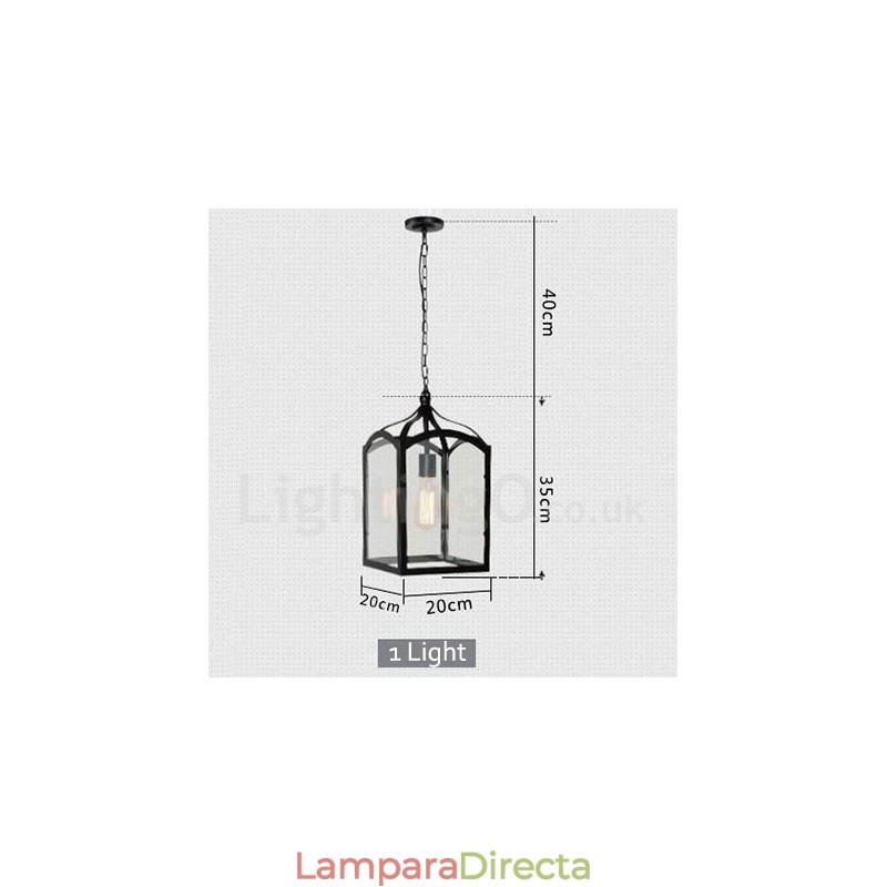 Lámpara colgante rústica de metal con pantalla de cristal