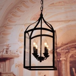 Lámpara colgante rústica de 4 luces de metal negro con pantalla de cristal