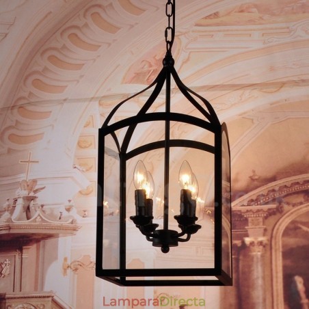 Lámpara colgante rústica de 4 luces de metal negro con pantalla de cristal Lámpara colgante rústica de 4 luces de metal negro con pantalla de cristal