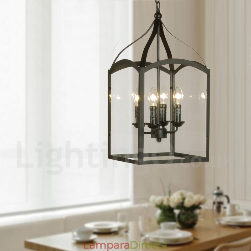 Lámpara colgante rústica de 4 luces de metal negro con pantalla de cristal