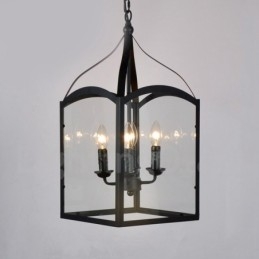 Lámpara colgante rústica de 4 luces de metal negro con pantalla de cristal