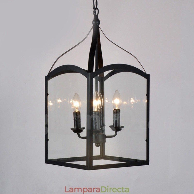 Lámpara colgante rústica de 4 luces de metal negro con pantalla de cristal