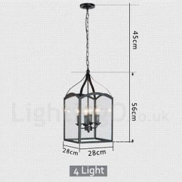 Lámpara colgante rústica de 4 luces de metal negro con pantalla de cristal