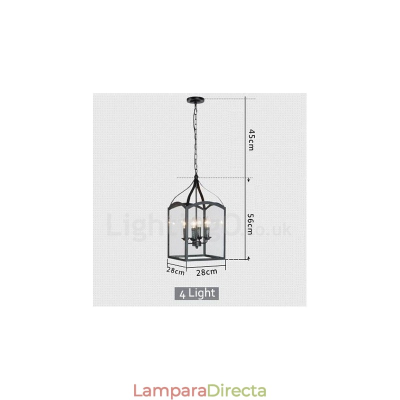 Lámpara colgante rústica de 4 luces de metal negro con pantalla de cristal