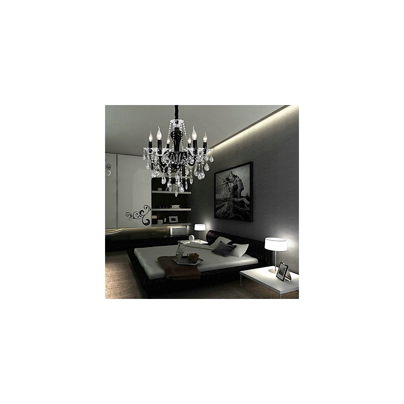 Lámpara de araña de cristal de 6 luces con detalles de diseño en negro