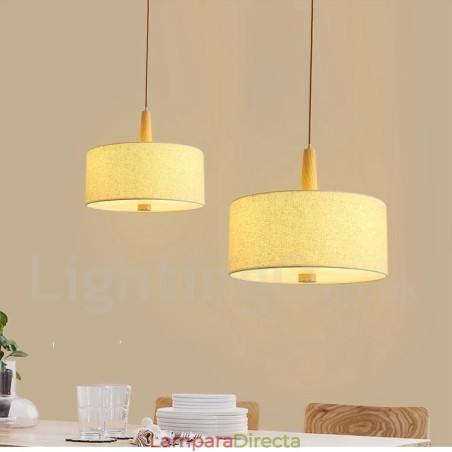 Lámpara colgante de tambor moderna y contemporánea de madera con pantalla de tela Lámpara colgante de tambor moderna y contemporánea de madera con pantalla de tela