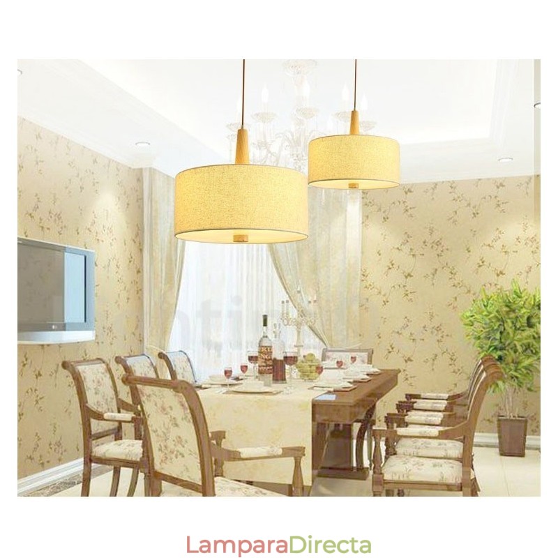 Lámpara colgante de tambor moderna y contemporánea de madera con pantalla de tela