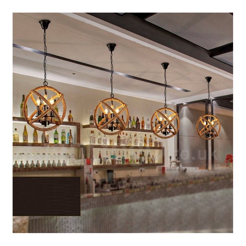 Lámpara colgante vintage de 3 luces con cuerda de cáñamo