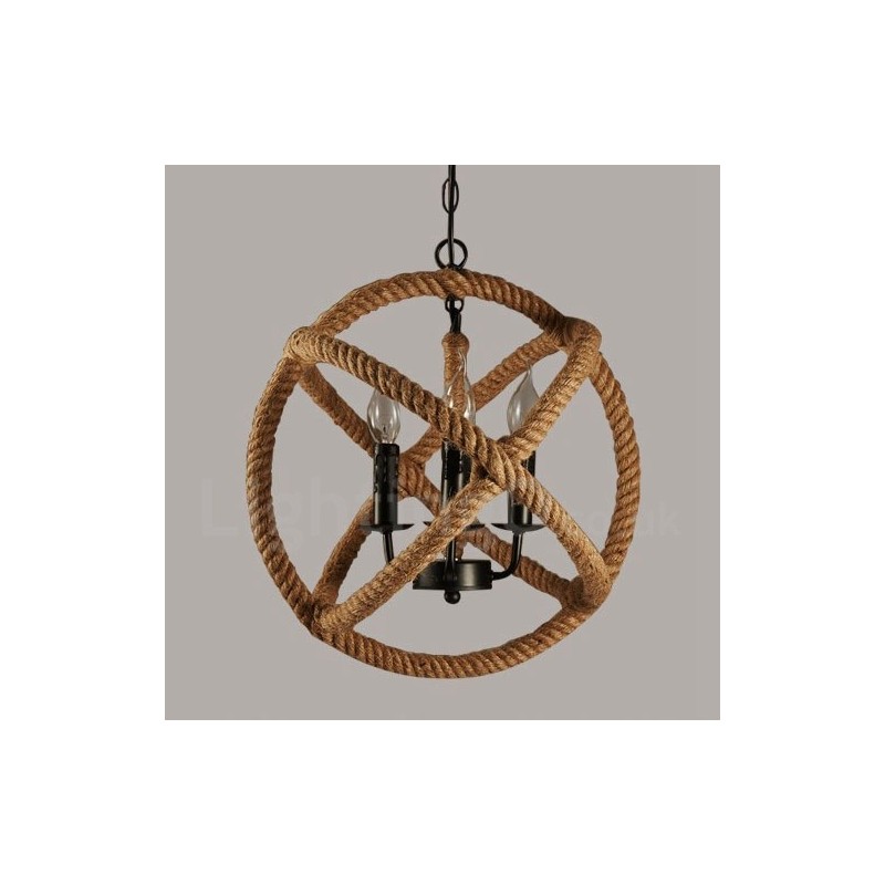 Lámpara colgante vintage de 3 luces con cuerda de cáñamo