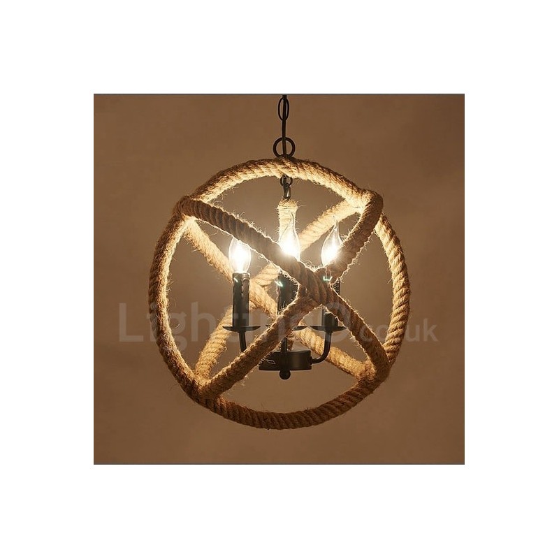 Lámpara colgante vintage de 3 luces con cuerda de cáñamo