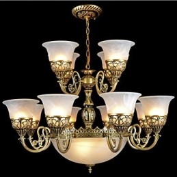 Lámpara de araña de bronce de quince luces con cristal muaré, estilo retro europeo clásico.