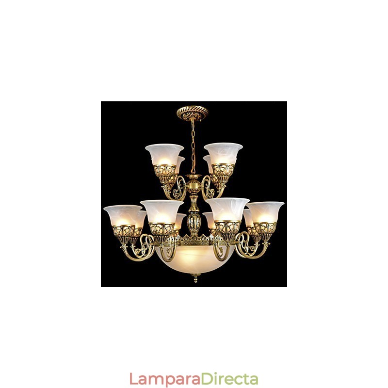 Lámpara de araña de bronce de quince luces con cristal muaré, estilo retro europeo clásico.