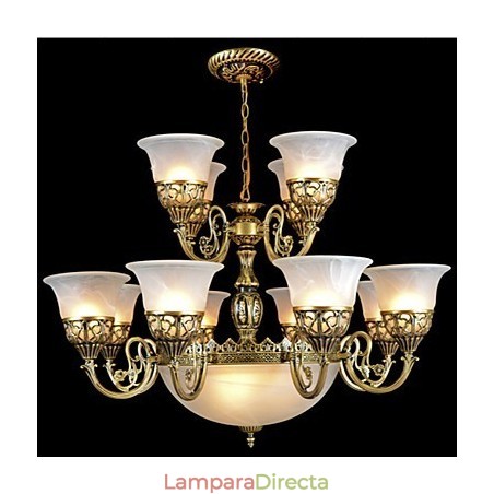 Lámpara de araña de bronce de quince luces con cristal muaré, estilo retro europeo clásico. Lámpara de araña de bronce de quince luces con cristal muaré, estilo retro europeo clásico.