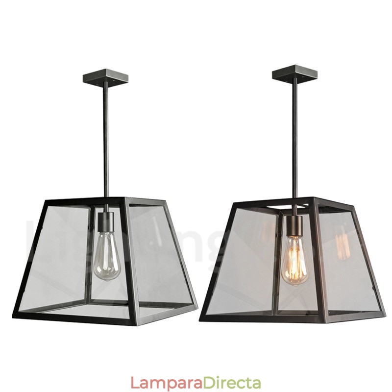 Lámpara colgante vintage de metal con pantalla de cristal