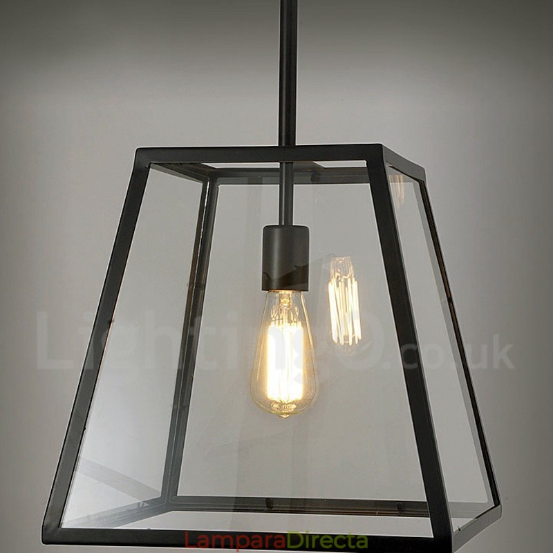 Lámpara colgante vintage de metal con pantalla de cristal