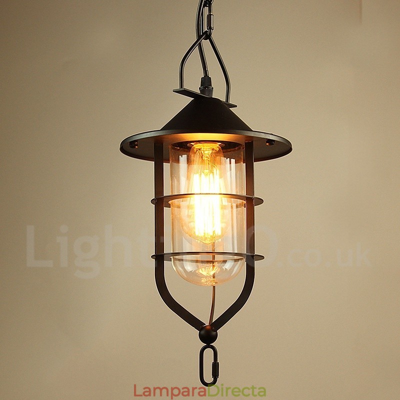 Lámpara colgante vintage de metal con pantalla de cristal