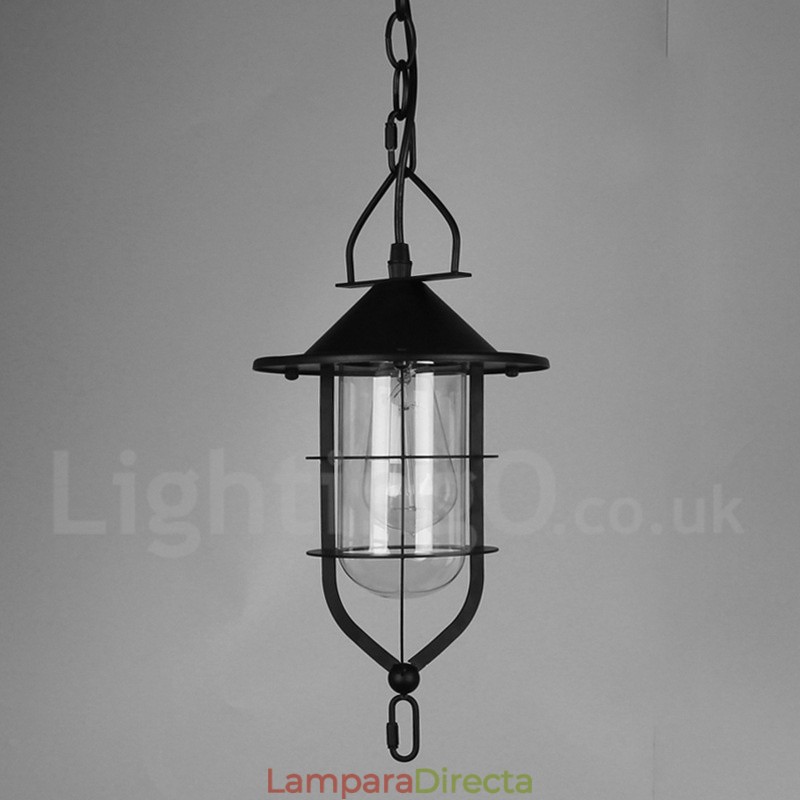 Lámpara colgante vintage de metal con pantalla de cristal