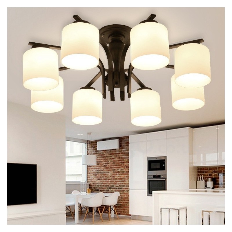 Lámpara de araña de metal integrada de estilo rural de 8 luces con pantalla de cristal
