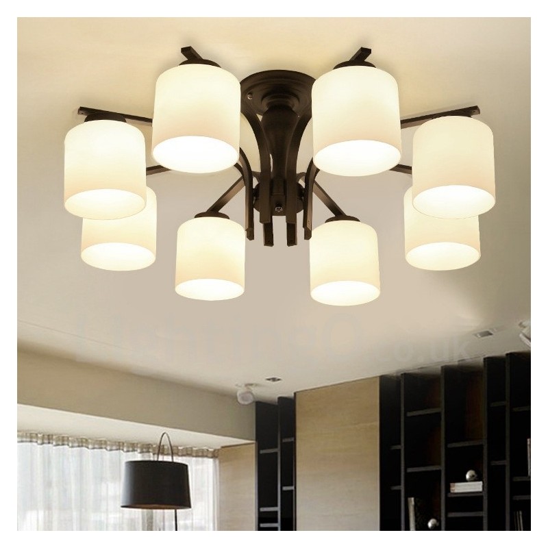 Lámpara de araña de metal integrada de estilo rural de 8 luces con pantalla de cristal