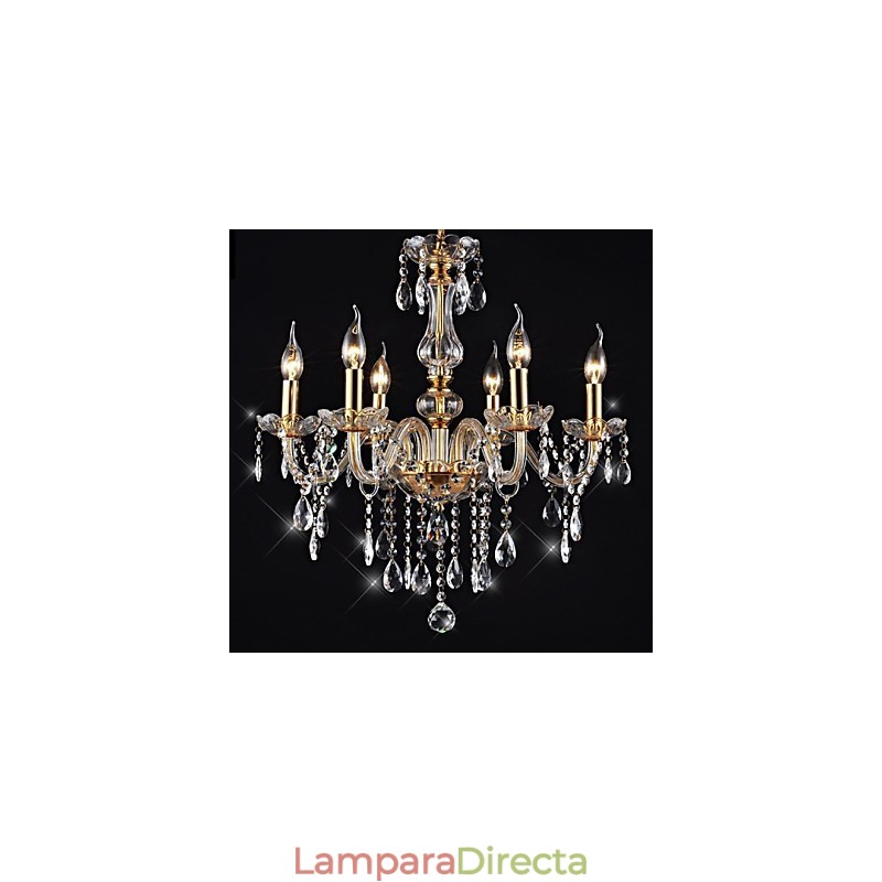 Lámpara de araña de 6 luces dorada vintage en cristal.