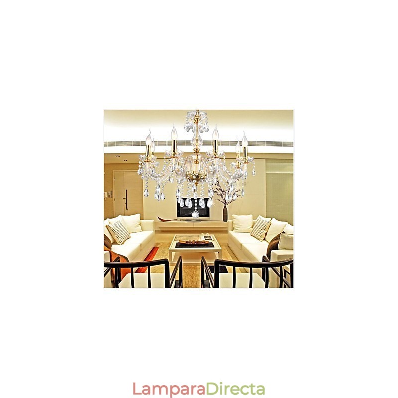 Lámpara de araña de 6 luces dorada vintage en cristal.