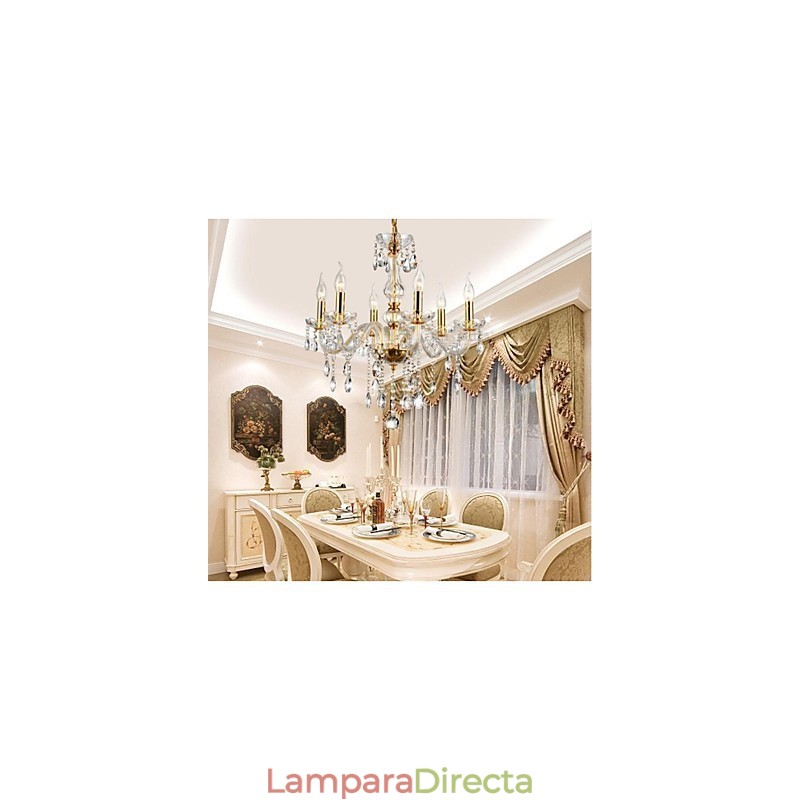Lámpara de araña de 6 luces dorada vintage en cristal.