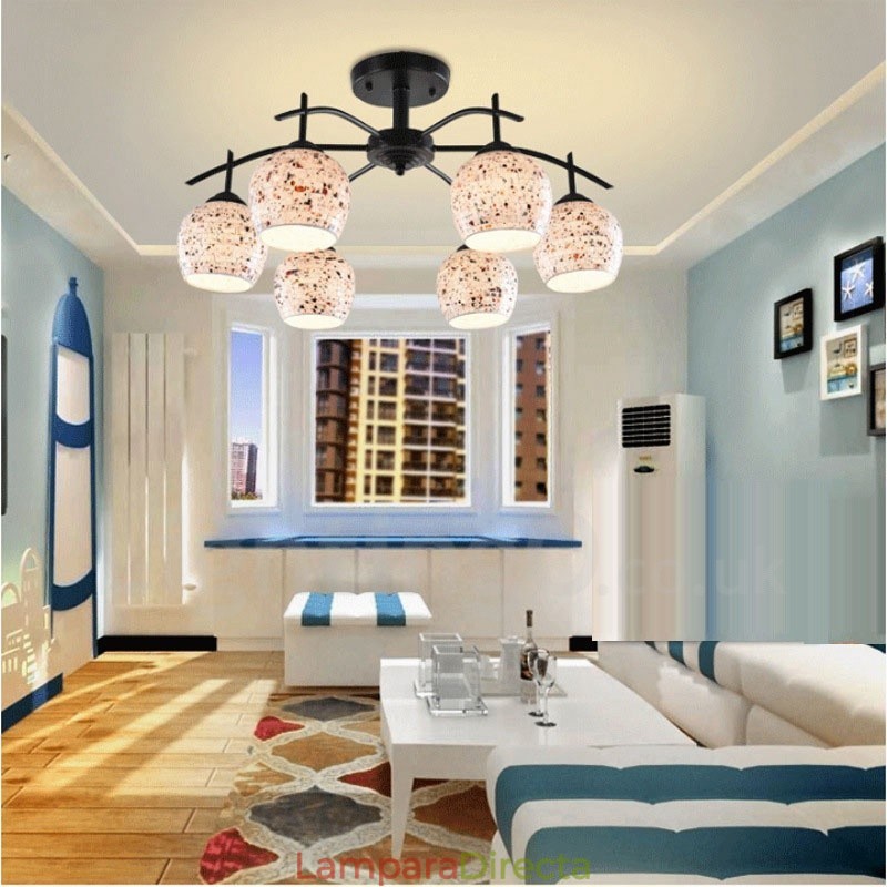 Lámpara de araña integrada de estilo mediterráneo de 6 luces con pantalla de cristal