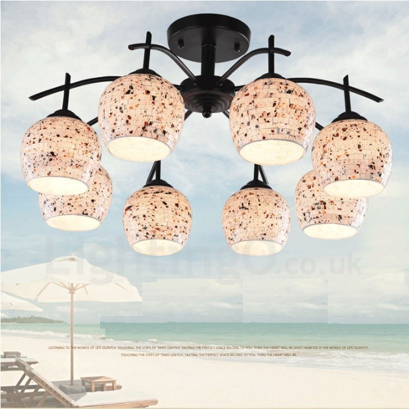 Lámpara de araña integrada de estilo mediterráneo de 8 luces con pantalla de cristal