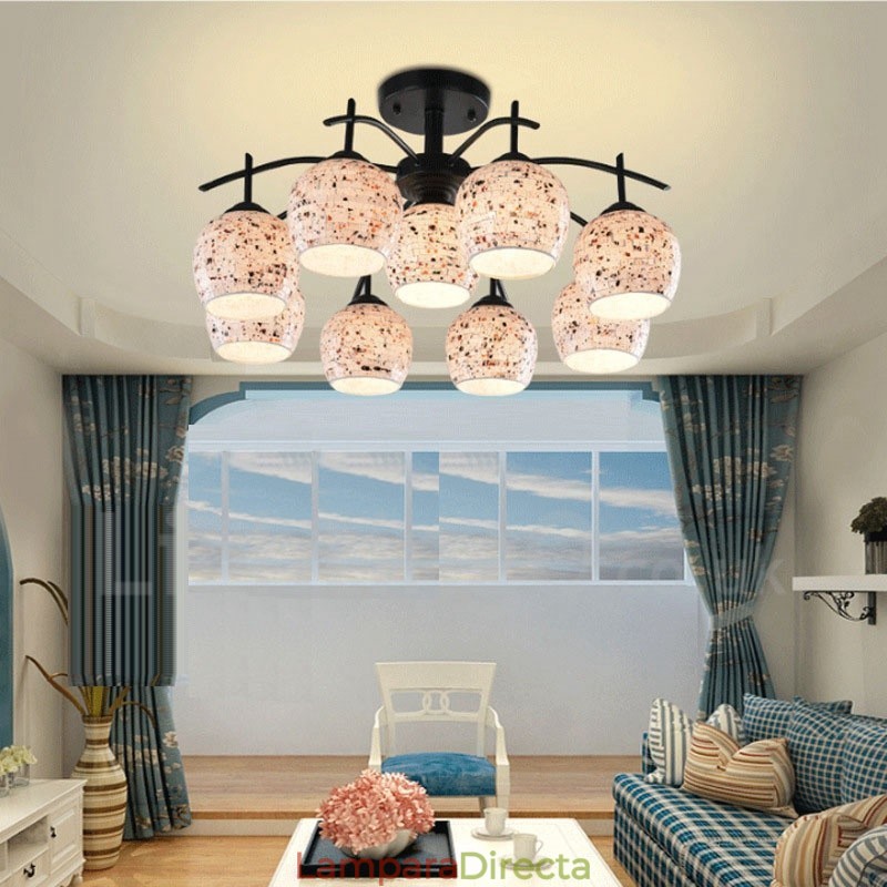 Lámpara de araña integrada de estilo mediterráneo de 9 luces con pantalla de cristal