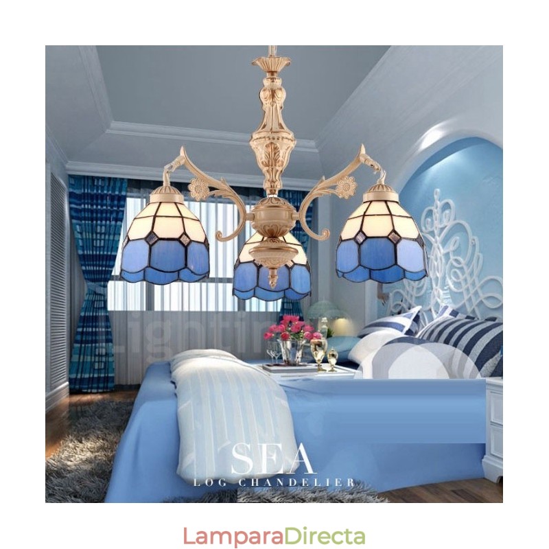 Lámpara de araña de metal integrada de estilo mediterráneo de 3 luces con pantalla de cristal