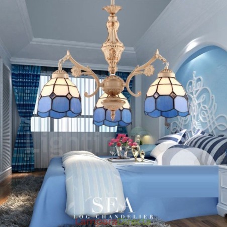 Lámpara de araña de metal integrada de estilo mediterráneo de 3 luces con pantalla de cristal Lámpara de araña de metal integrada de estilo mediterráneo de 3 luces con pantalla de cristal