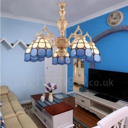 Lámpara de araña de metal integrada de estilo mediterráneo de 5 luces con pantalla de cristal