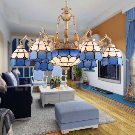 Lámpara de araña de metal integrada de estilo mediterráneo de 9 luces con pantalla de cristal Lámpara de araña de metal integrada de estilo mediterráneo de 9 luces con pantalla de cristal