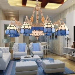 Lámpara de araña de metal integrada de estilo mediterráneo de 11 luces con pantalla de cristal