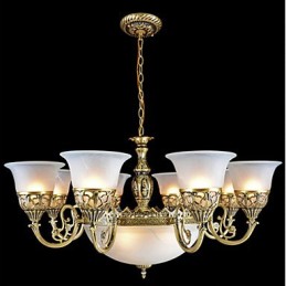 Lámpara de araña de bronce de once luces con cristal muaré, estilo retro europeo clásico.