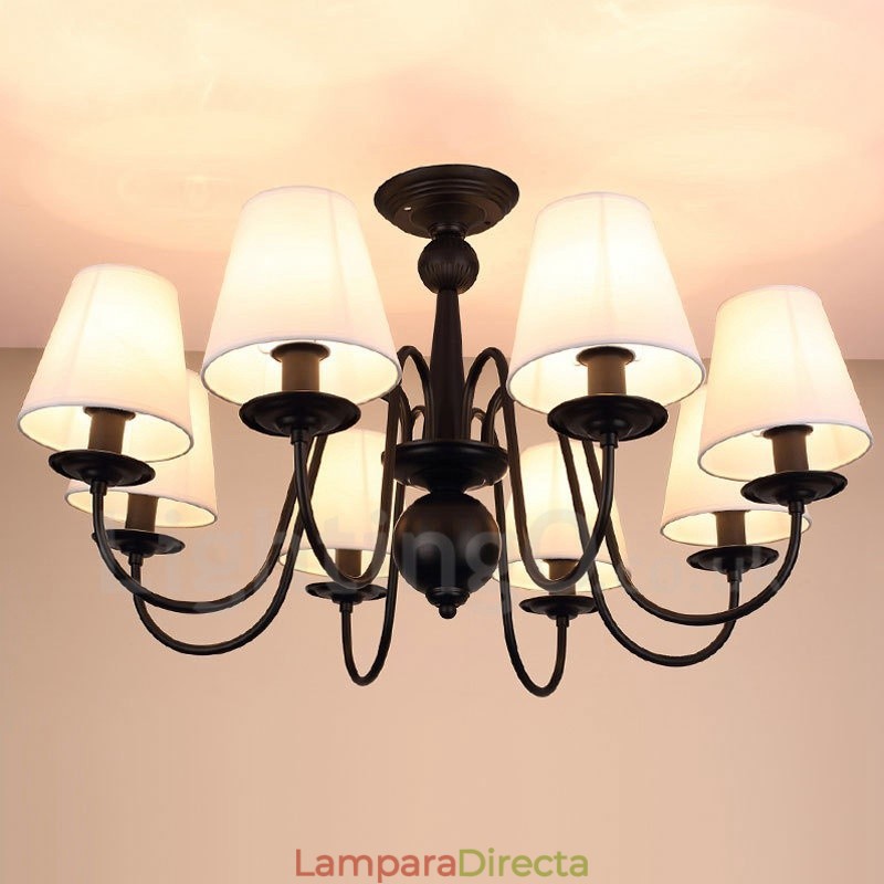 Lámpara de araña rústica de metal integrada de 8 luces con pantalla de tela