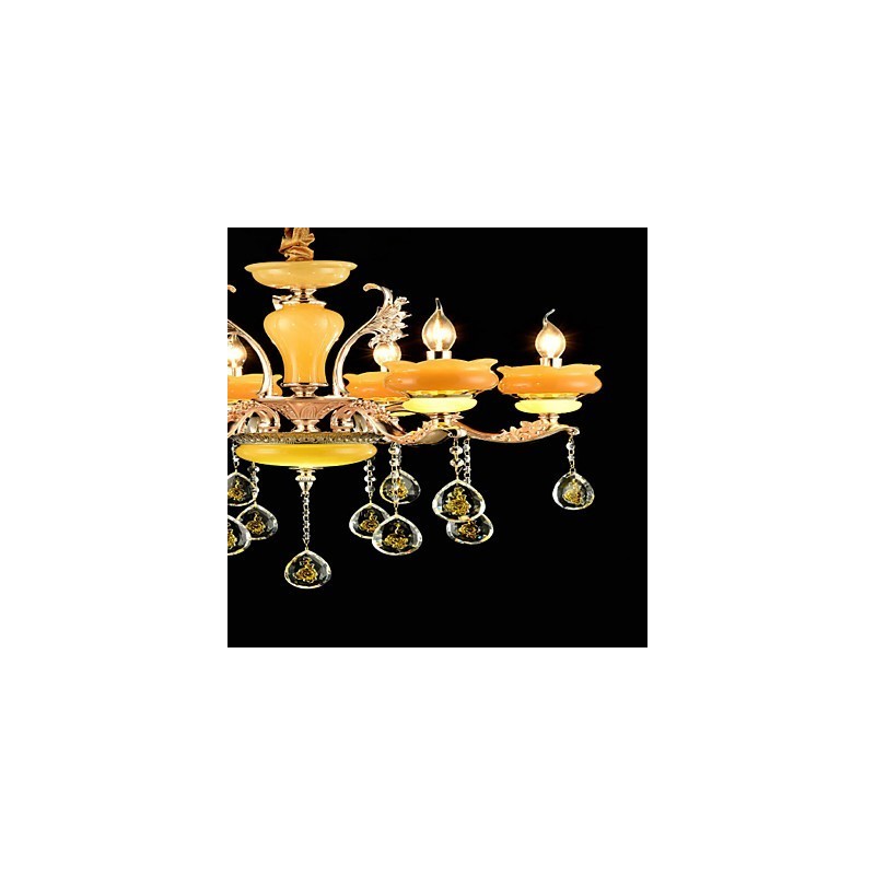 Lámpara de araña de metal estilo mini de cristal con 6 bombillas, con una característica clásica tradicional de aleación de zinc.