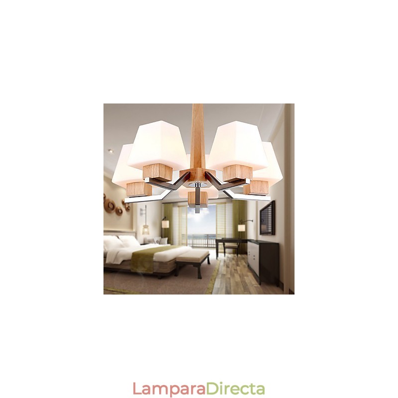Lámpara de araña de bambú de madera con acabado galvanizado moderno y contemporáneo